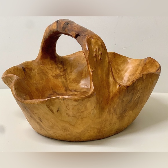 Mid Century Vtg Artisan Hand Carved Solid Tree Burl Wooden Fruit Bowl Basket - Picture 11 of 16